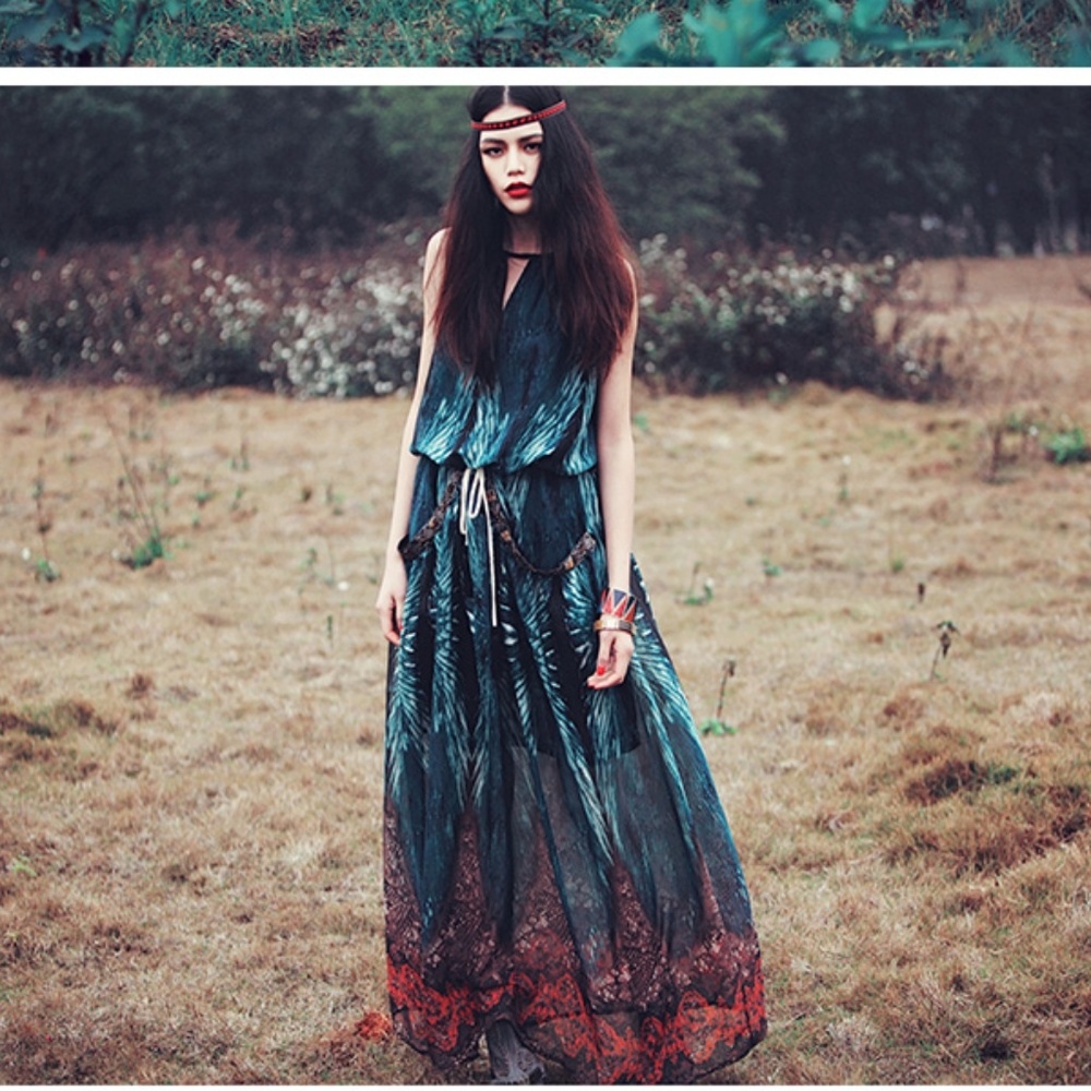 Maxi Halter Dress Bohemian Blue Print S XS